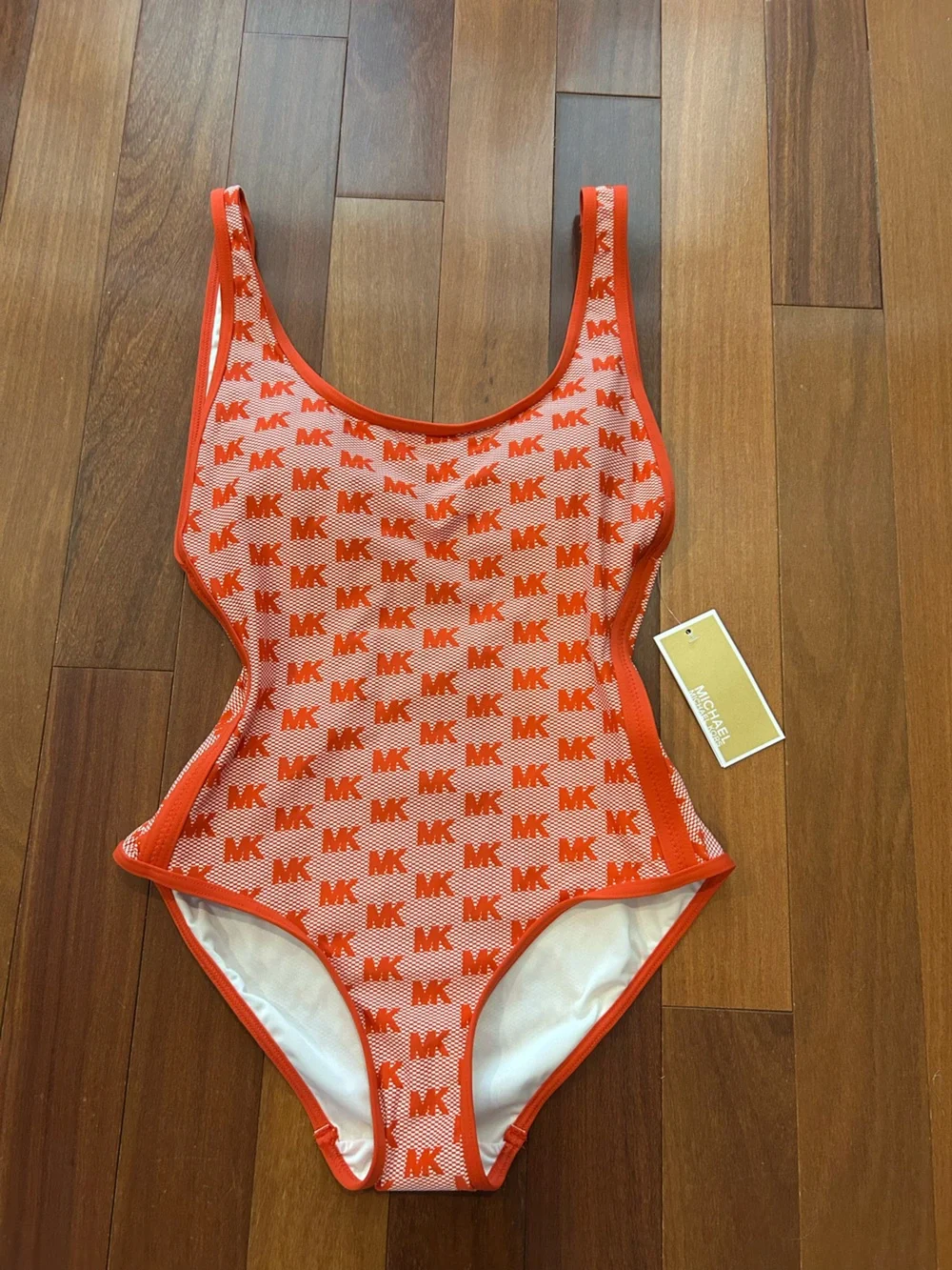Michael Kors White and Orange Logo Scoopback One-Piece size XS